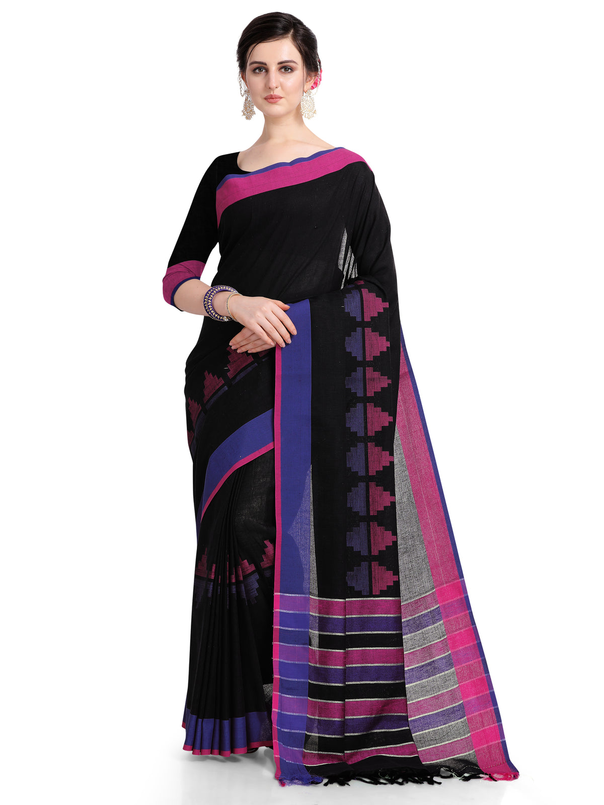 INsthah Women's Khadi Linen Saree With Blouse Piece Black