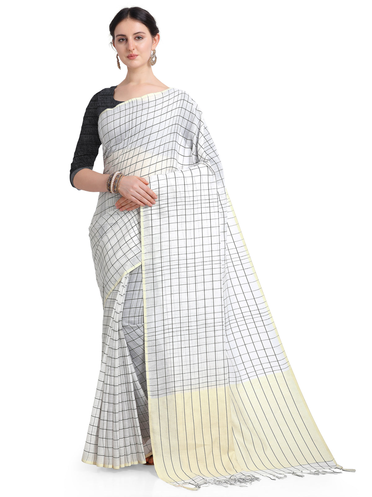 INsthah Women's Khadi Linen Saree With Blouse Piece Off-white