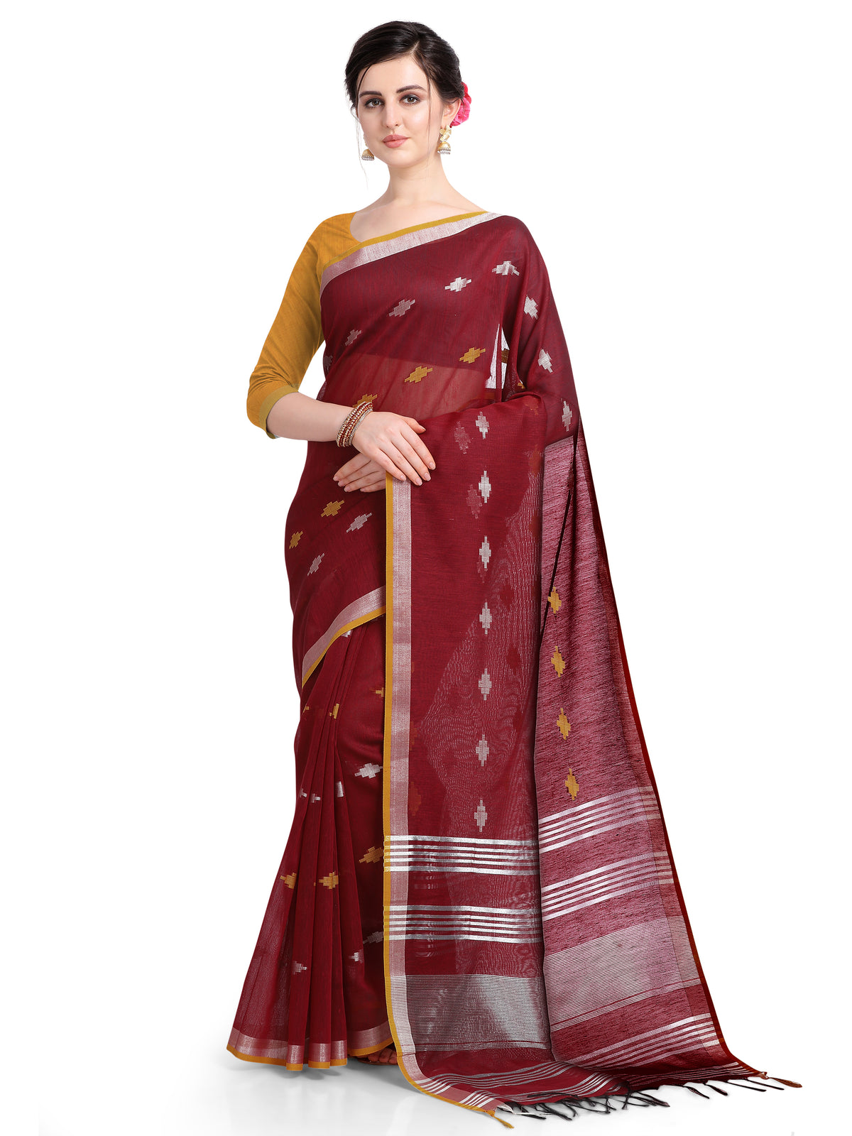 INsthah Women's Khadi Linen Saree With Blouse Piece Maroon